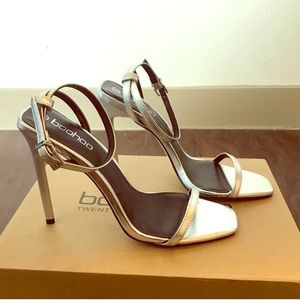 Metallic silver square toe heels